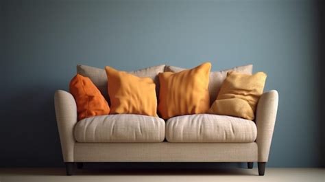 Premium AI Image | A couch with orange pillows and a blue wall behind it.