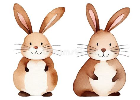 Set Watercolor Illustration Of A Pair Cute Of Brown Bunnies In Pastel