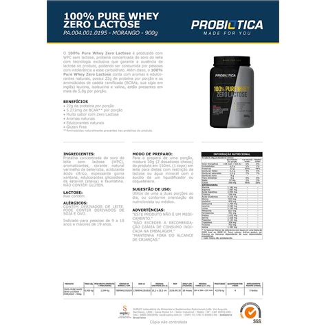 Whey 100 Pure Zero Lactose Probiótica 900g Morango Allianz Parque Shop