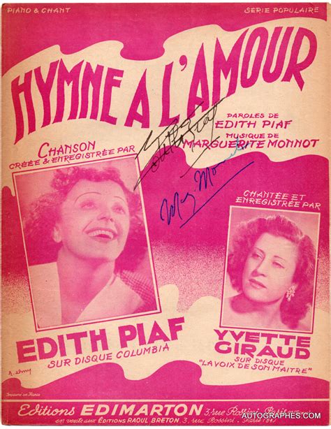 Edith Piaf Et Marguerite Monnot Partition Lhymne à Lamour Signée