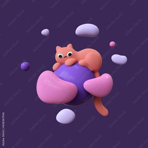 Fluffy Red Cartoon Cat Lies On Blue Planet Floating In Purple Space