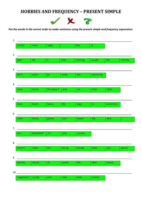 A Table With Numbers And Arrows On It Including The Words Hobies And Frequency Present Simple