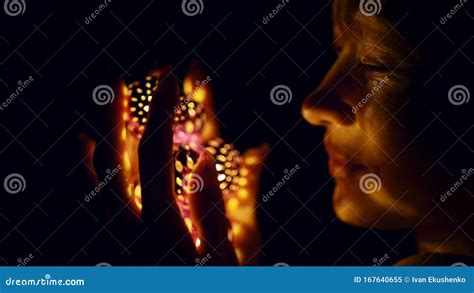 Magic Hot Light From Lanterns Falls On The Woman Eyes The Naked Adult Caucasian Girl Lies At