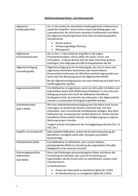 Definitionskatalog Zusammenfassung Polizei Und Ordnungsrecht