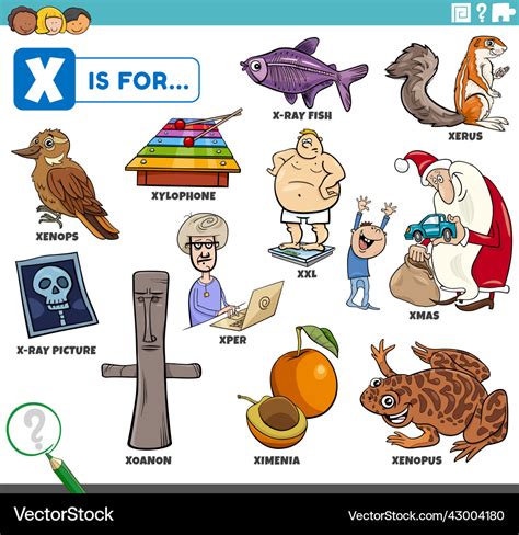 Letter x words educational set with cartoon Vector Image