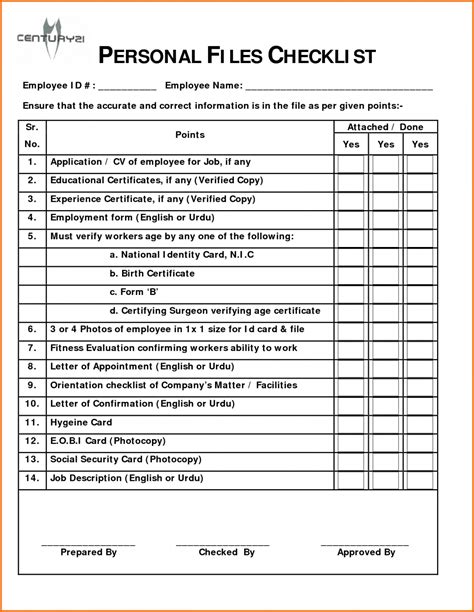 Employee Personnel File Checklist Template Dremelmicro