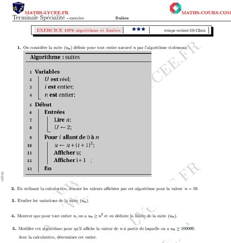 MATHS LYCEE FR exercice corrigé maths terminale spécialité algorithme