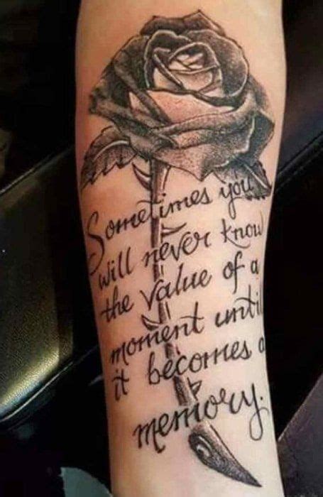 A Black And White Tattoo With A Rose On The Arm That Says Sometimes