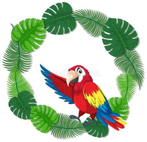 Round Green Leaves Banner Template With A Parrot Bird Stock Vector