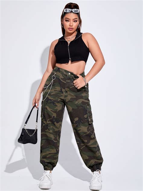 Shein Ezwear Jeans Cargo Con Estampado De Camuflaje Con Bolsillo Con