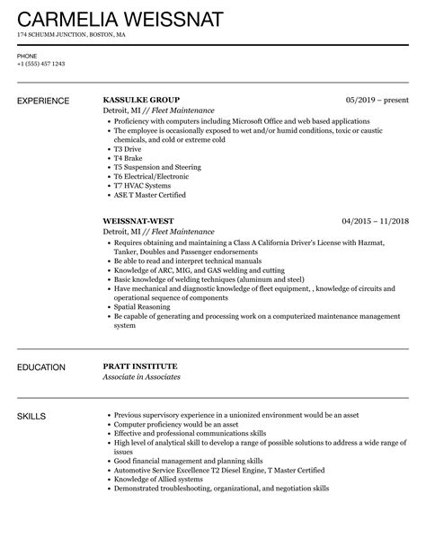 Fleet Maintenance Resume Samples Velvet Jobs