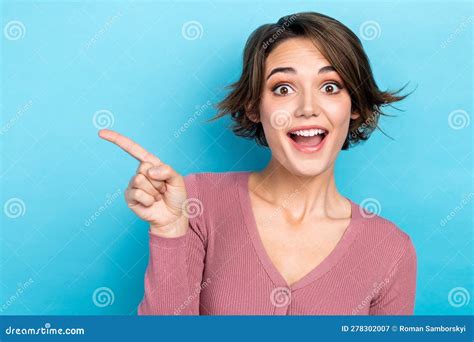 Closeup Photo Of Funny Excited Face Lady Show Novelty Direct Finger