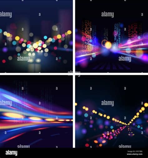 Night Illuminated City Blur Backgrounds Set With Traffic Lights