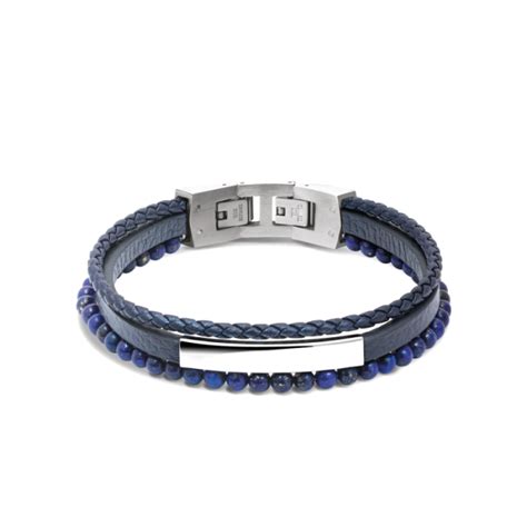 Bracelet Homme Rochet Yale Acier Et Cuir Bleu Plat Mm Tress Mm