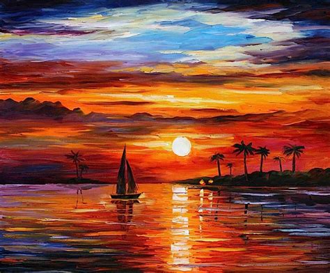 Sunset In The Beach Palette Knife Oil Painting On Canvas By Leonid