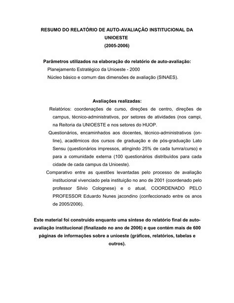 Pdf Resumo Do Relat Rio De Auto Avalia O Projetos Unioeste Br