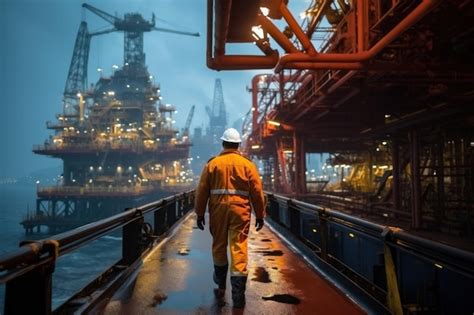 Premium Ai Image An Offshore Oil Rig Worker Walks To An Oil And Gas