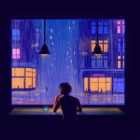 Coffee In A Window Night Illustration Window Illustration Rain