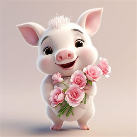 Premium AI Image There Is A Pig Holding A Bunch Of Flowers In Its