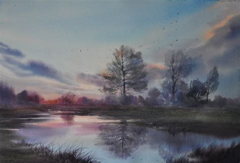 Large Original Watercolor Painting Landscape Realism Watercolor Sunset