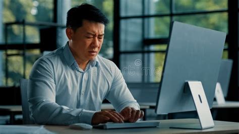 Tired Exhausted Businessman Asian Chinese Middle Aged Man Work Online