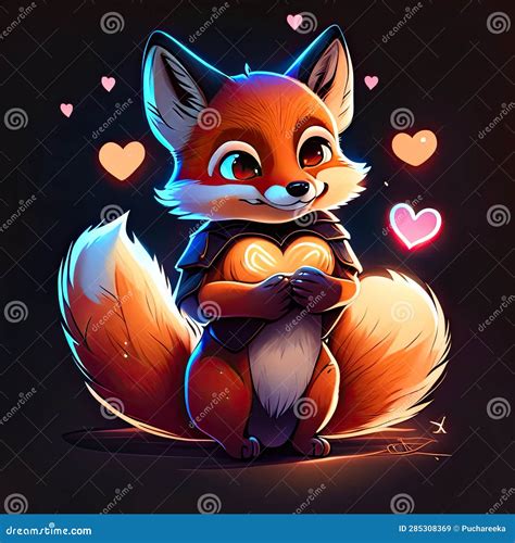 Cute Dhole Hugging Heart Cute Cartoon Fox In Love Vector Illustration On Black Background Ai