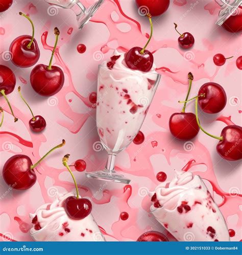 Cherry Milkshakes In Elegant Glasses Decorated With Whipped Cream