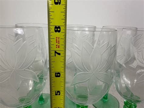 Vintage Etched Footed Stemware Glasses Uranium Vaseline Glass Green Foot And Stem 7 78h 6 Glasses