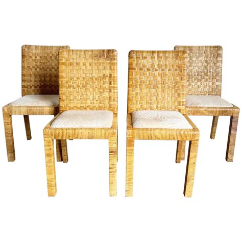 Boho Chic Rattan And Wicker Parsons Dining Chairs Set Of 4 For Sale