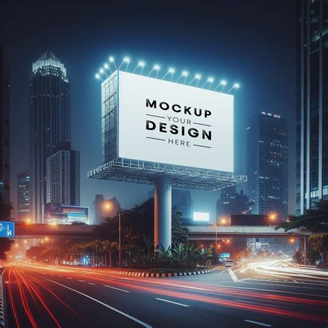 Advertising billboard mockup with blurred traffic lights at night ...