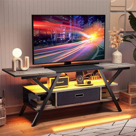 Bestier In Wash Grey Led Tv Stand With Drawer And Power Outlets For