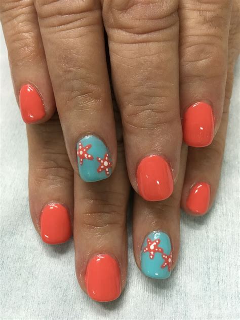 Summer Vacation Beach Orange Sky Blue Starfish Gel Nails Beach Gel