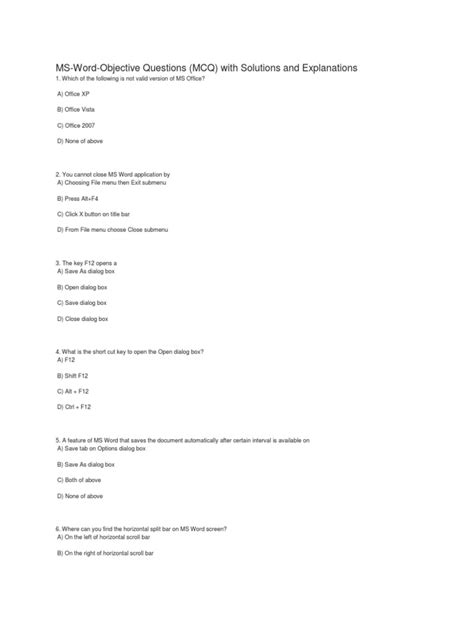 Ms Word Objective Questions Mcq With Solutions And Explanations