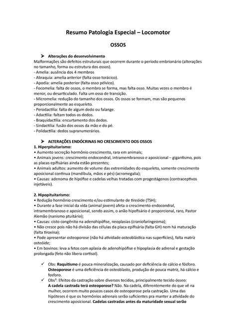 Resumo Pato Esp Locomotor Resumo Patologia Especial Locomotor Ossos