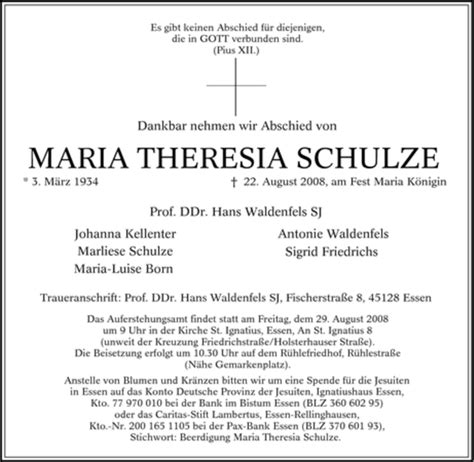 Trauer Und Todesanzeigen Von MARIA THERESIA SCHULZE Trauer De