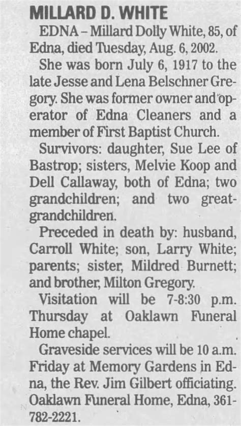 Obituary For Millard Dolly White 1917 2002 Aged 85 ™
