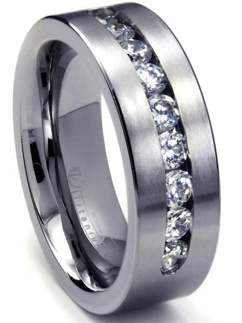 Mm Men S Titanium Ring Wedding Band With Large Channel Set Cz Sz