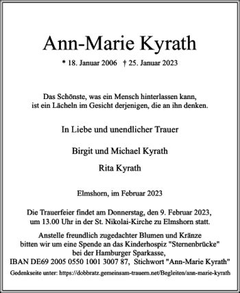 Traueranzeigen Von Ann Marie Kyrath Sh Z Trauer