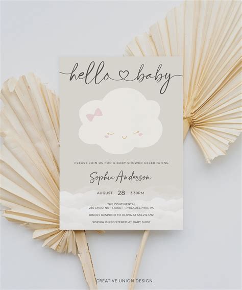 Cloud Baby Shower Invitation Template Hello Baby Clouds Girl Baby