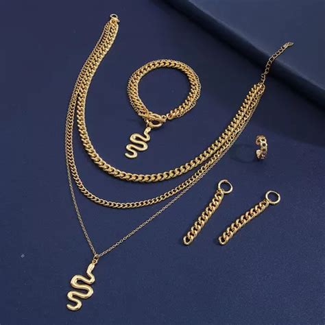 Conjunto Colar Brinco Pulseira Anel Dourado Cobra Corrente MercadoLivre