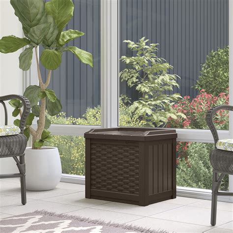 Suncast Gallon Outdoor Resin Wicker Deck Storage Box With Seat Java