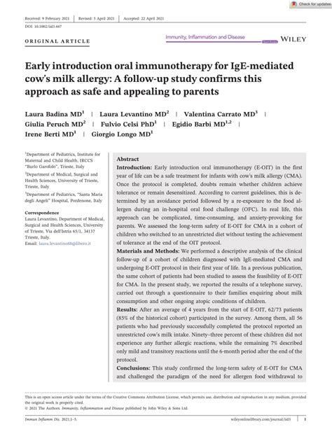 Pdf Early Introduction Oral Immunotherapy For Ige‐mediated Cow S Milk Allergy A Follow‐up