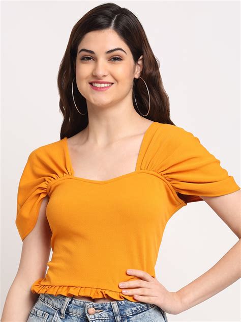 Buy Sugathari Mustard Yellow Sweetheart Neck Sheer Crepe Crop Top