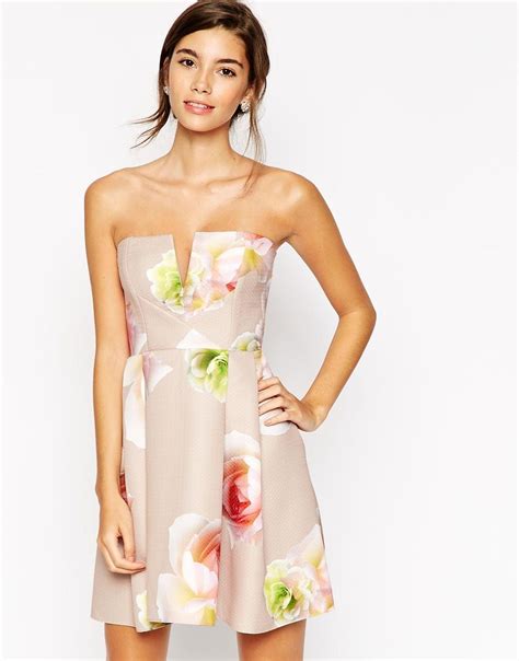 Image 1 Of Asos Large Floral Quilted Bandeau Dress Bandeau Dress Fashion Pink Floral Print Dress