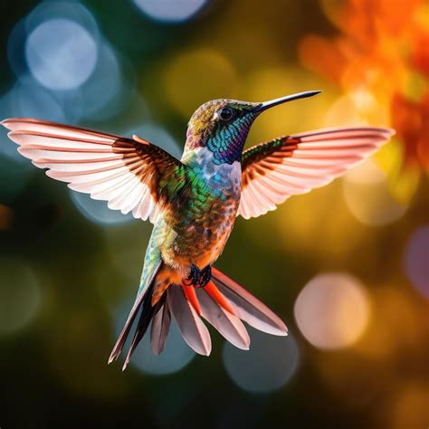 Premium Photo | A vibrant hummingbird hovering in midair its iridescent feathers glinting in the ...