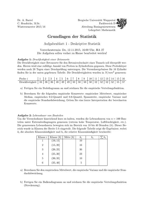 Statistik Tutorium Dr A Bartel C Hendricks M Wintersemester