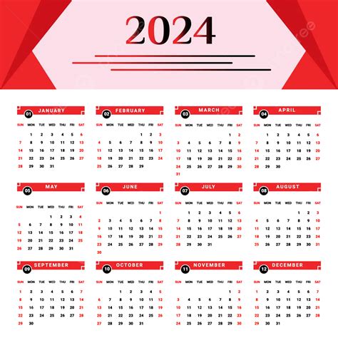 Calendario 2024 Con Estilo Geométrico Negro Y Rojo Vector PNG dibujos