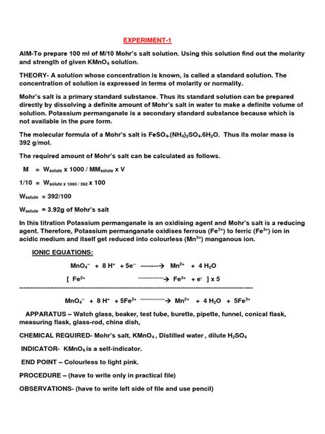 Redox Titration 5-Experiment For Chemistry Xii | PDF