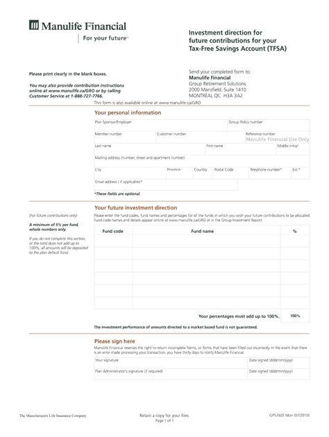 GPXXXXEM TFSA Investment Direction Form Manulife Financial Fill Out