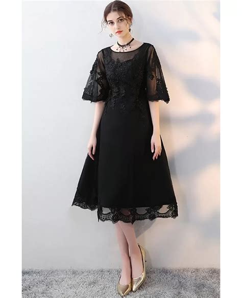 Black Knee Length Homecoming Party Dress With Sheer Sleeves Mxl86011